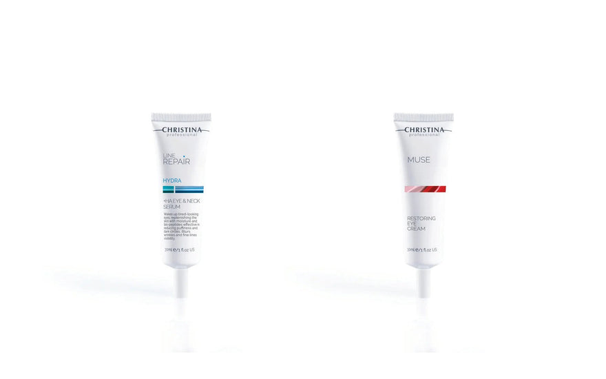 Hydra HA Eye & Neck Serum und Muse Restoring Eye Cream von Christina – Pflege für die Augenpartie