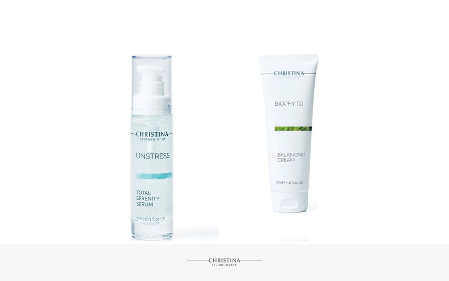 Unstress Total Serenity Serum und Biophyto Balancing Cream von Christina – beruhigende Pflege für rötungsempfindliche, zu Couperose neigende Haut